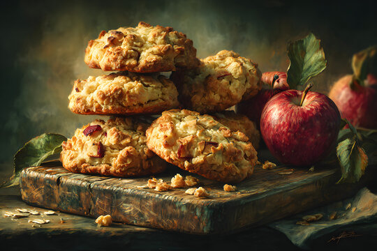 Freshly baked cookies made from scratch with crunchy apple crumbles and a hint of cinnamon, arranged artfully on a rustic wooden cutting board.