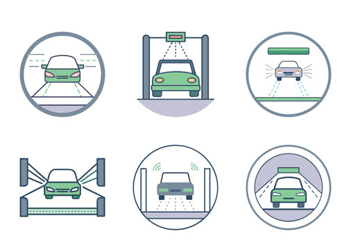 Illustrations depicting automated car safety testing and sensor technology innovations