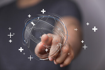 Abstract image depicting global network concept. A finger points toward a digital world globe, symbolizing connection, technology, and futuristi