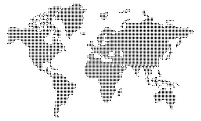 Black halftone dotted world map. Vector illustration. Dotted map in flat design. Vector illustration isolated on white background