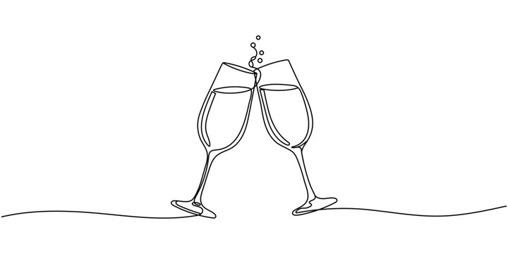 Continuous One line drawing of champagne and glasses. Editable stroke
