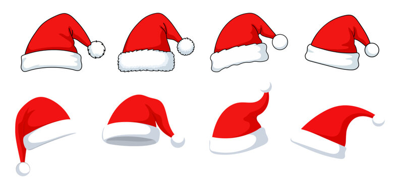 Santa Claus hats collection. Vector clip art isolated. Traditional Christmas element.