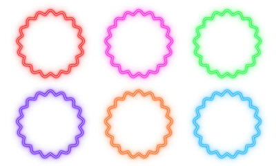 Stars circle square outline neon light frame, set of colorful shaped object elements isolated on white background