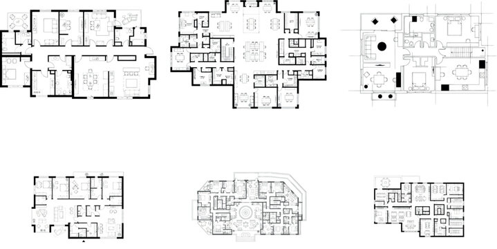 Six diverse architectural floor plans showcasing different housing layouts