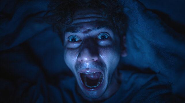 A man with wide eyes screaming in terror in the dark, capturing a moment of extreme fear