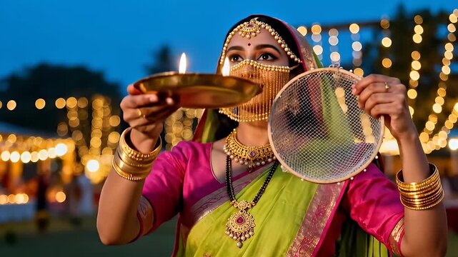 Beautiful Woman Celebrating Karva Chauth Festival with Traditional Rituals and Candlelight