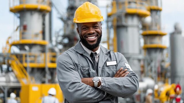 Engineer's Expertise: A smiling engineer, confidently poses with crossed arms, radiating experience and competence amidst a backdrop of the industrial landscape, a symbol of knowledge and skill.