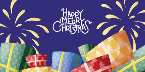 Merry Christmas, Happy New Year night party banner, poster with colorful gifts, cocktails, fireworks and fir tree. Vector illustration. Abstract geometric color design. Holiday greeting card template