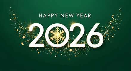 Happy new year 2026 with golden snowflake and confetti