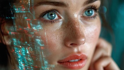 Gaze of Technology: A portrait captures a woman with mesmerizing eyes, her face intertwined with a futuristic digital overlay, showcasing the fusion of human essence and technological advancement. - Powered by Adobe