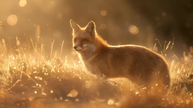 A vivid portrayal of a fox in a golden meadow during what appears to be the golden hour, with the sun casting a warm, golden hue over the scene.