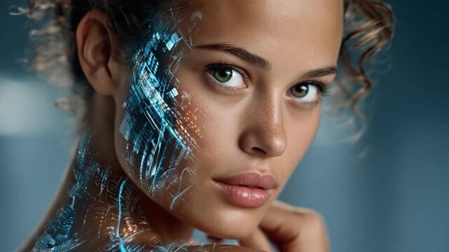 Enhanced Beauty: A portrait of an idealized human face, illuminated with stunningly vivid digital augmentation, highlighting the intersection of technology and natural beauty.