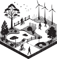 Isometric park scene with people cycling walking and wind turbines Keywords: park, isometric, scene, people, cycling, walking, wind turbines, trees, pond, bridge, fence, nature, recreation