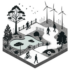 Isometric park scene with people cycling walking and wind turbines and a colored pond Keywords: park, isometric, scene, people, cycling, walking, wind turbines, trees, pond, bridge, fence, nature