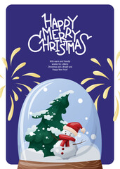 poster with a snow globe, snowman, and fireworks. A holiday gift card for Christmas or New Year.