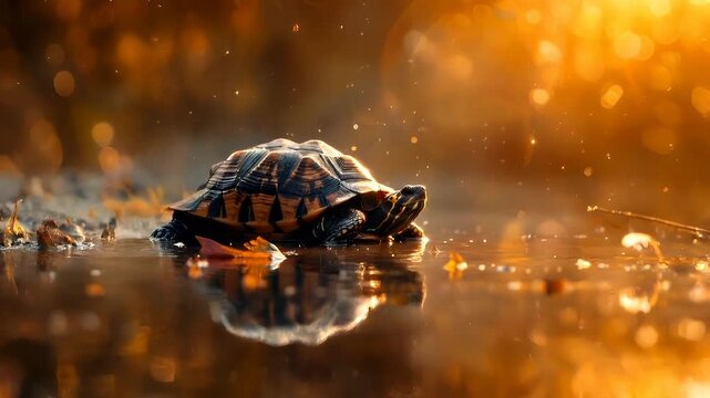 A closeup shot of a turtle on a wet surface, with a bokeh effect in the background. The turtles shell is detailed with intricate patterns.