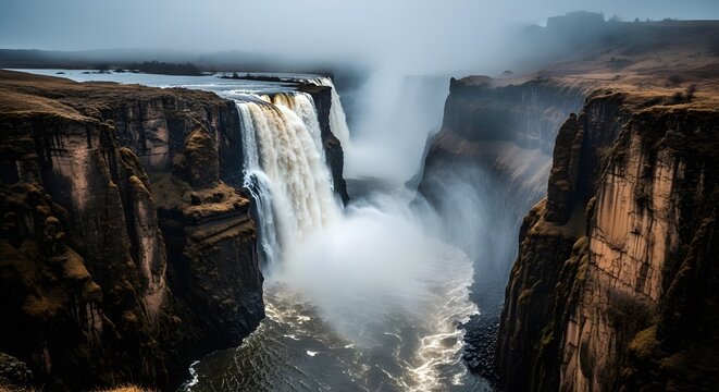A dramatic cinematic photograph of a huge waterfall streaming between towering cliffs, surrounded by rising mist and cool ambient light, blue-gray tones, warm brown cliffs, volumetric fog, photo-reali
