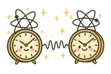 Happy Atomic Clocks. Adorable doodle synchronized atomic clocks with happy faces, cartoon pulses flowing between them, tiny stars
