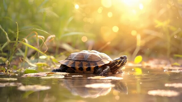 A closeup shot of a turtle in a natural setting. The turtles shell is detailed with a pattern of dark and light stripes, and its eyes are focused intently on something in the distance.