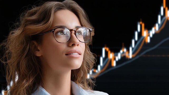 Visionary Insight: A focused businesswoman gazes towards the future, her gaze piercing the complex world of finance, symbolizing her understanding of market trends. 