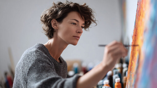 Focused female artist painting a vibrant, colorful abstract artwork in her studio. Depicts creativity, passion, and artistic expression. Perfect for art or creative themes.