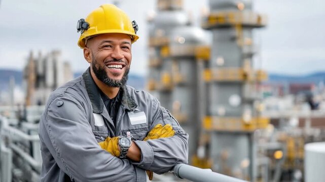 Smiling Engineer at Industrial Plant: A confident engineer, donning a yellow safety helmet and work attire, stands proudly amidst an industrial plant, conveying expertise and diligence.