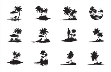 Silhouette Illustrations of Tropical Islands with Palm Trees and Beach Scenery