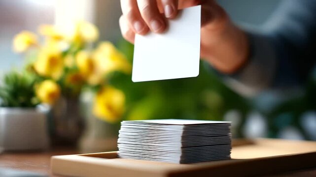 Faceless macro of fingertips aligning a minimalist business card stack on a tray background reception flowers defocused soft top light composition with bottom strip empty