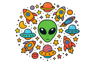 Fototapeta premium Alien Mandala. Alien face in the middle with rockets, spaceships, planets, and stars arranged in decorative mandala pattern,
