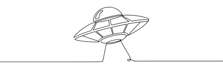 Continuous one line drawing of a UFO or flying saucer. Concept of aliens, science fiction and mystery