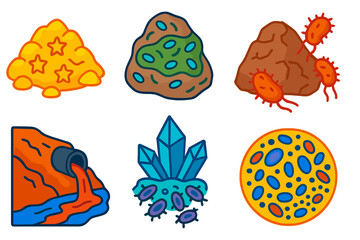 Geomicrobiology Icons Set. Isometric vector illustration set Geomicrobiology: bacteria-induced mineral deposits, rock biofilms,
