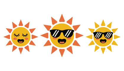 Three cartoon sun characters with happy expressions one with closed eyes and rosy cheeks and two wearing sunglasses