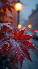 Red maple leaf covered in snow against a winter city backdrop  