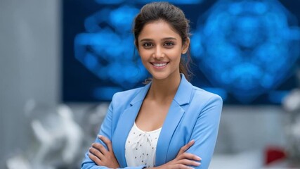 Confident Professional in Modern Setting: A poised professional radiates confidence in a contemporary environment. Her composed demeanor and radiant smile speak volumes. 