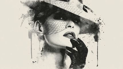Elegant woman wearing a hat and gloves, captured in a monochrome artistic shot