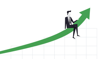 Business Growth Man Riding an Ascending Green Arrow, Representing Success and Progress