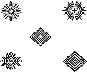 Set of aztec and native american tribal symbols. geometric sunburst, rhombus, and abstract elements perfect for tattoo, logo, and decorative design in black and white vector.