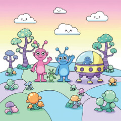 Obraz premium A whimsical illustration features friendly aliens waving in a colorful, cartoonish landscape with smiling clouds and unique flora.