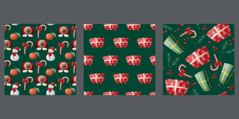 Seamless festive pattern with Christmas gifts. Pattern with colorful gifts. Edging, ribbon, border of outline festive Christmas symbols. Vector flat seamless border with gift boxes