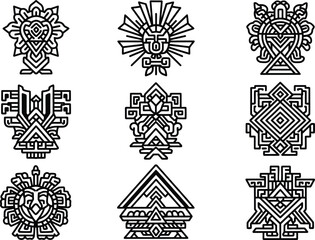 Set of aztec and maya ancient tribal god and geometric symbols. native american decorative emblems and abstract elements for tattoo and logo design.