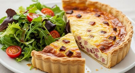 Quiche Lorraine with golden crust, sliced and styled with salad on plate