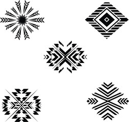 Tribal and ethnic vector geometric patterns set. Containing essential shapes like diamond, arrows, sunburst, native designs, and bohemian ornamental elements.