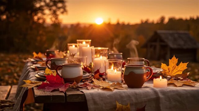 Cozy autumn outdoor dinner scene with rustic table setting, steaming mugs, and glowing candles surrounded by colorful fall leaves at sunset, creating a warm and inviting atmosphere in a rural setting