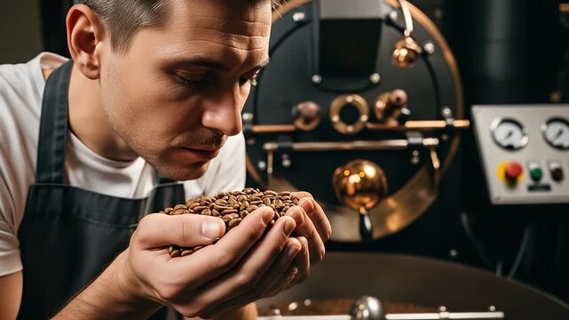 A focused individual, wearing an apron, meticulously inspects and savors the rich aroma of freshly roasted coffee beans held in his cupped hands. The scene is set against a backdrop of sophisticated c