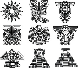 Collection of ancient aztec and maya tribal symbols set. native american sun, eagle, pyramid, and god icons perfect for tattoo, logo, and decorative design in vector illustration.