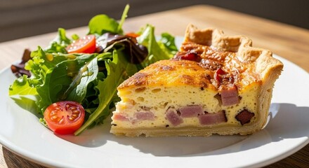 Quiche Lorraine with golden crust, sliced and styled with salad on plate