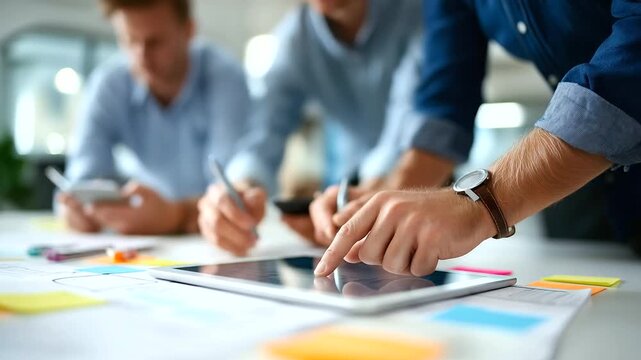 Faceless over the desk shot of a team&rsquo;s hands pointing at a schematic on a tablet pens and sticky flags around background whiteboard defocused collaborative energy top margin