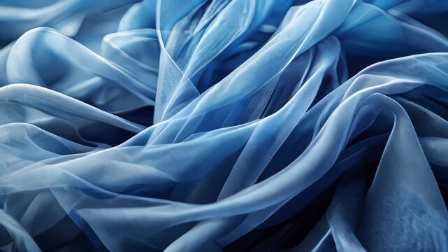 Animated light airy blue fabric background made of organza or tulle with beautiful folds, fabric texture with waves