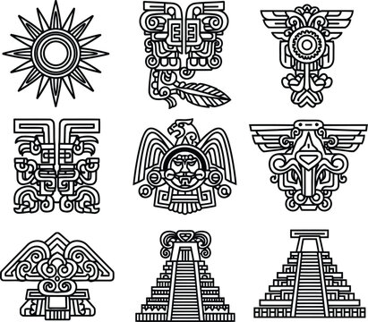 Collection of ancient aztec and maya tribal symbols set. native american sun, eagle, pyramid, and god icons perfect for tattoo, logo, and decorative design in vector illustration.