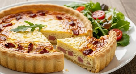 Quiche Lorraine with golden crust, sliced and styled with salad on plate